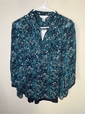 Christopher & Banks Womens Teal Black Long Sleeve Sheer Blouse Cami Size XL NWT